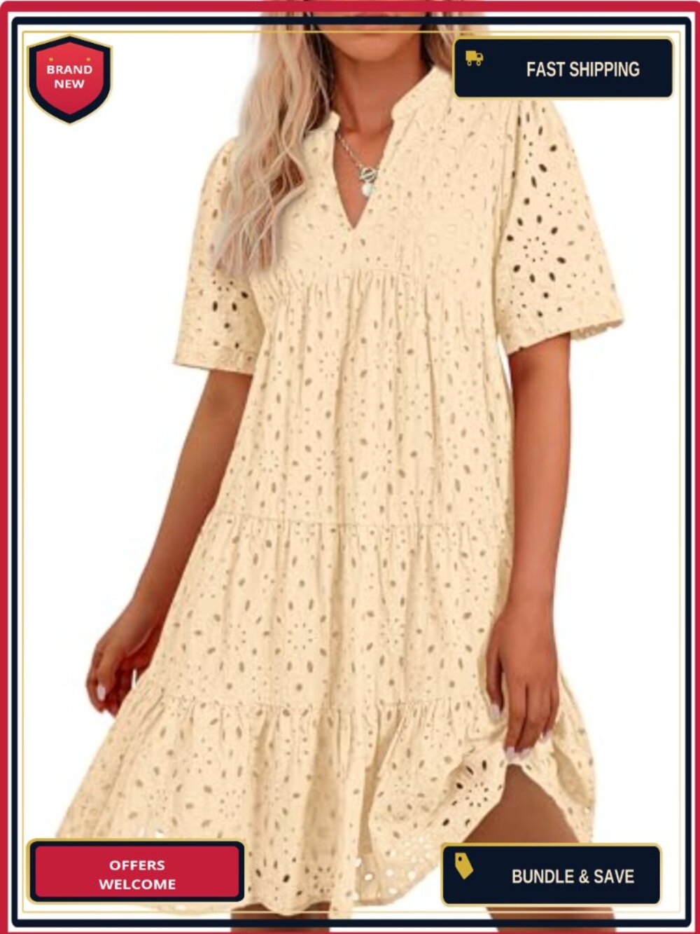 Women's Boho Eyelet Mini Dress V-Neck Short Sleeve A-Line Casual Summer Wedding